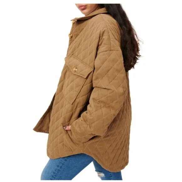 Good American Quilted Faux-sherpa Lined Shacket In Brown 00/0 XS/S - Picture 3 of 16